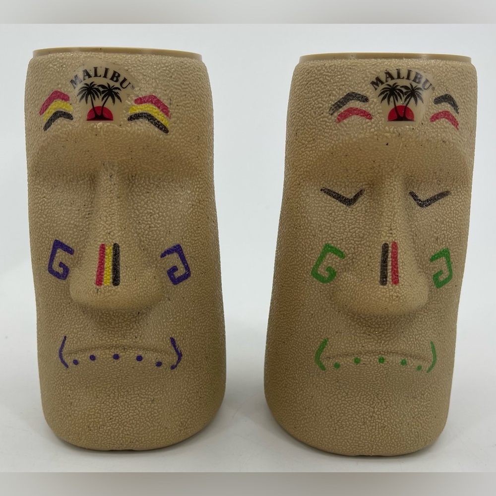 Malibu Rum Plastic Easter Island Tiki Mugs Lot of 2 Contour Bottles Cups Tan HTF